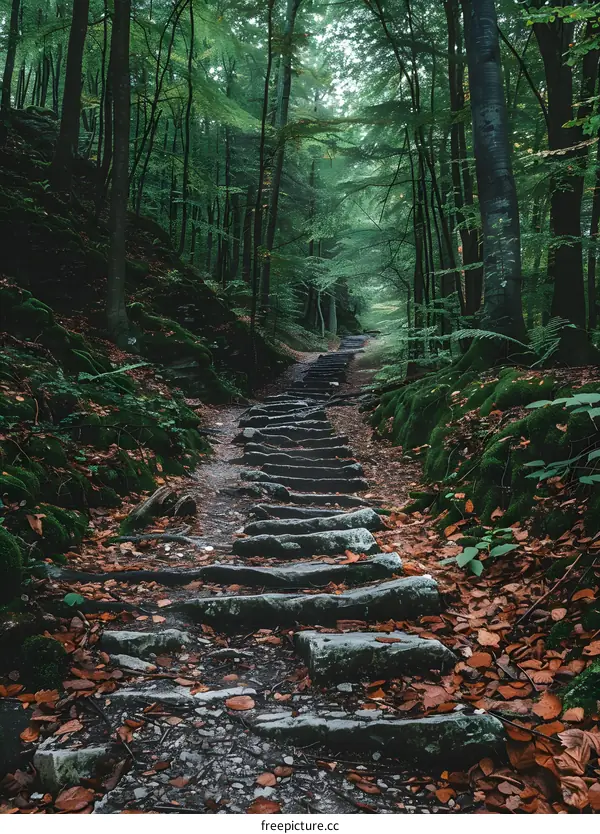 The stone steps wind through the lush green forest