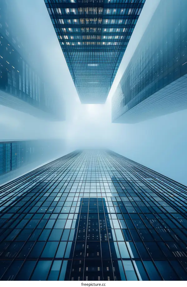 Looking up at towering skyscrapers made of reflective glass