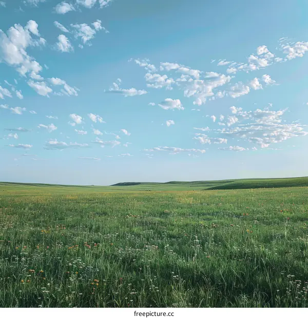 Vast green prairie landscape with blue sky and white clouds