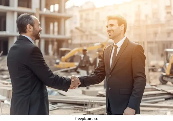 Two businessmen in suits shaking hands at a construction site