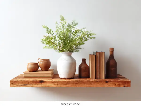 Rustic Shelf Decor with Greenery and Pottery
