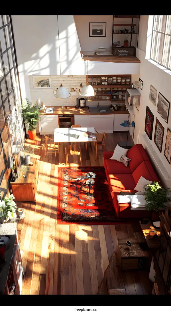 Modern Loft Apartment With Red Sofa And Wooden Floor