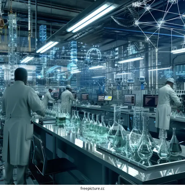 Scientists working in a futuristic laboratory