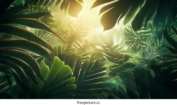 lush green foliage of a tropical rainforest with bright sunlight shining through the leaves