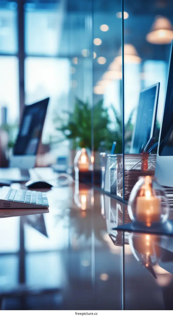 Blurred view of a modern office interior with empty glass wall and computers on the table