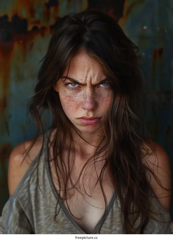 Woman with Annoyed Expression against Rusty Metal