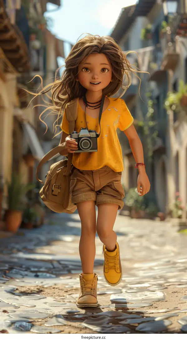 Young Girl with Camera Exploring a Small Town Street