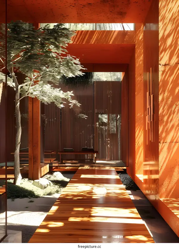 Modern Japanese Style Courtyard Design With Wooden Floor And Tree