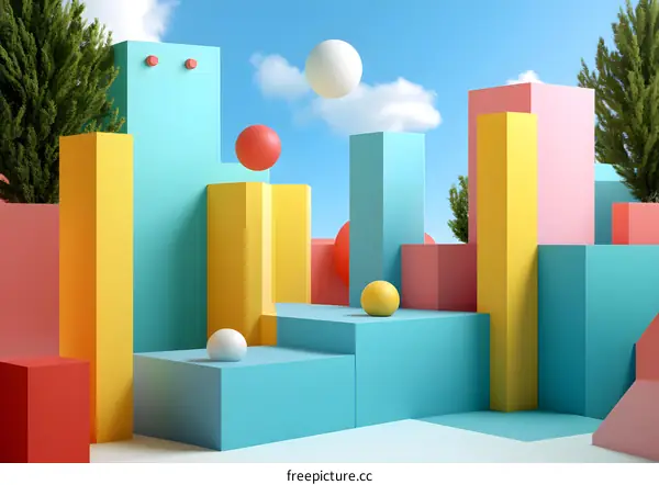 Abstract 3D Colorful Geometric Shapes With Sky Background