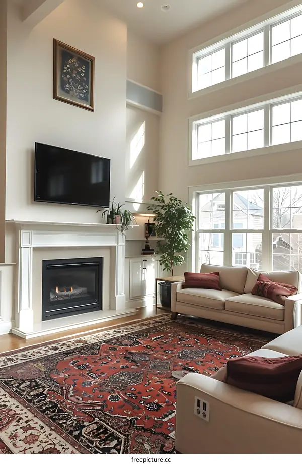 A living room with a fireplace, a television, and a large rug.