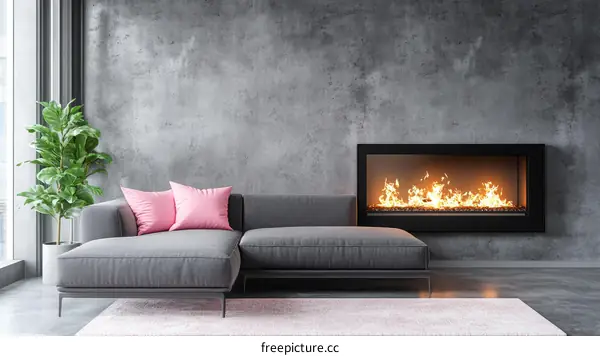 Modern Concrete Living Room with Fireplace and Sectional Sofa