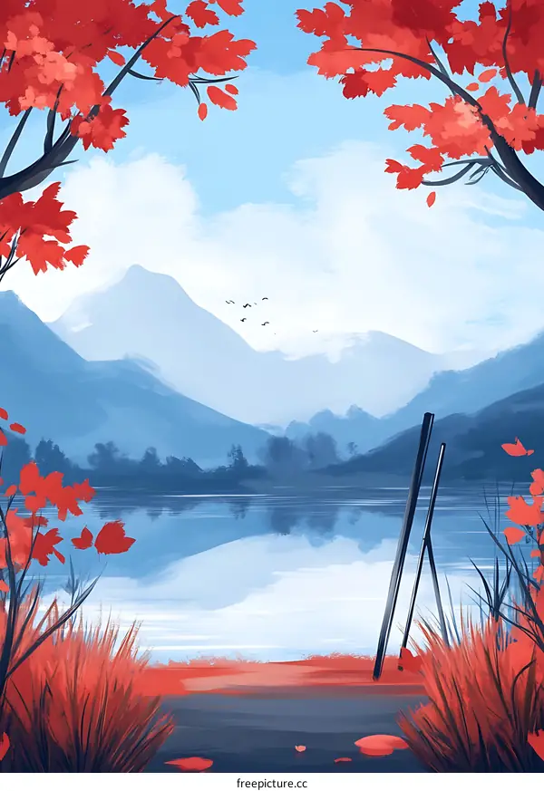 Autumn Landscape Painting With Red Leaves On Trees And Mountains