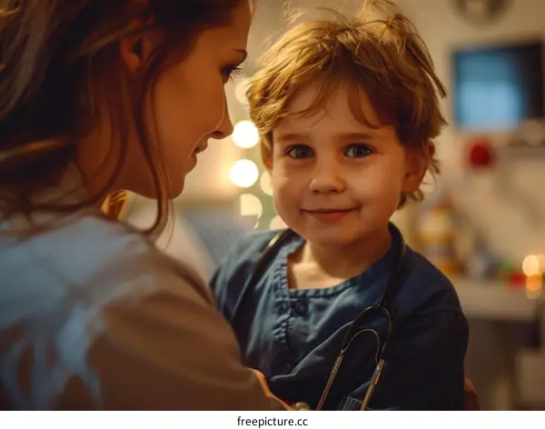 Boy Playing Doctor with Stethoscope and Smiling Mother