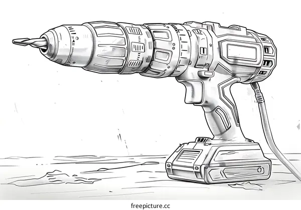 Black and white sketch of a power drill
