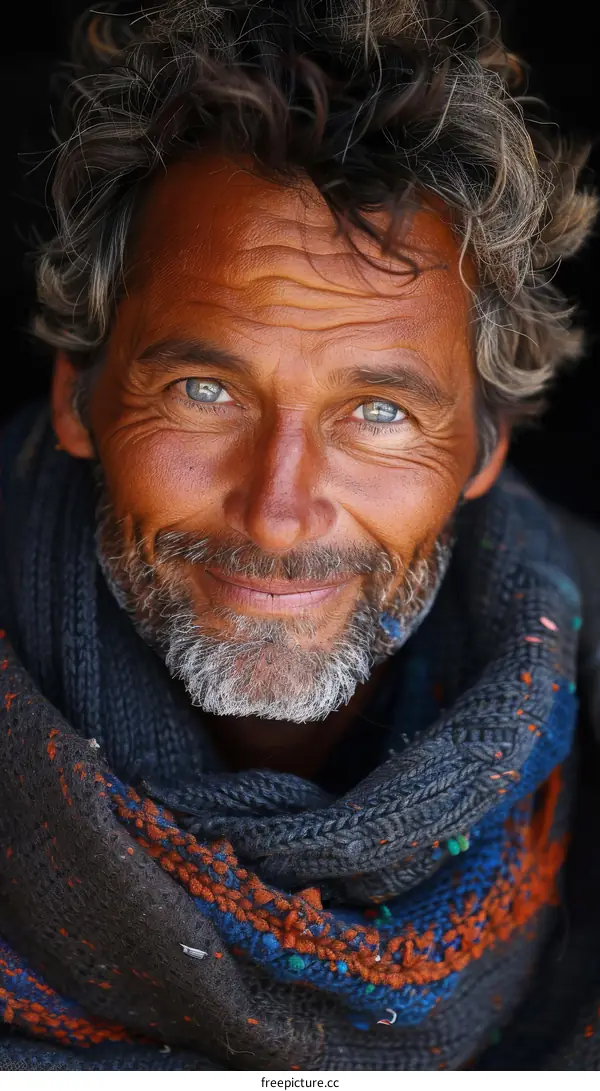 Portrait of a Smiling Elderly Man with Grey Hair and Blue Eyes