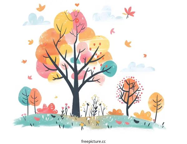 Colorful Autumn Tree Illustration with Birds