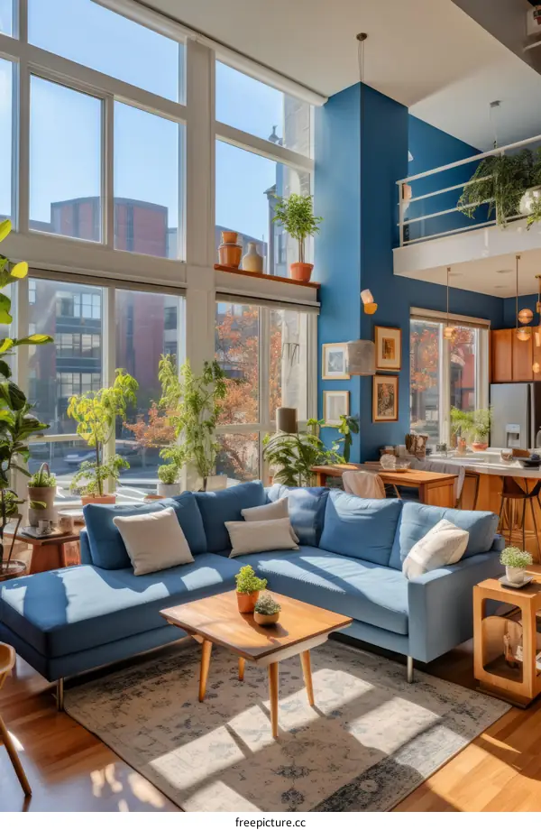 Bright and airy living room with large windows and plants