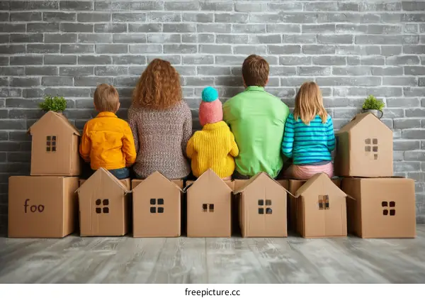 Family Moving to a New Home with Cardboard Houses