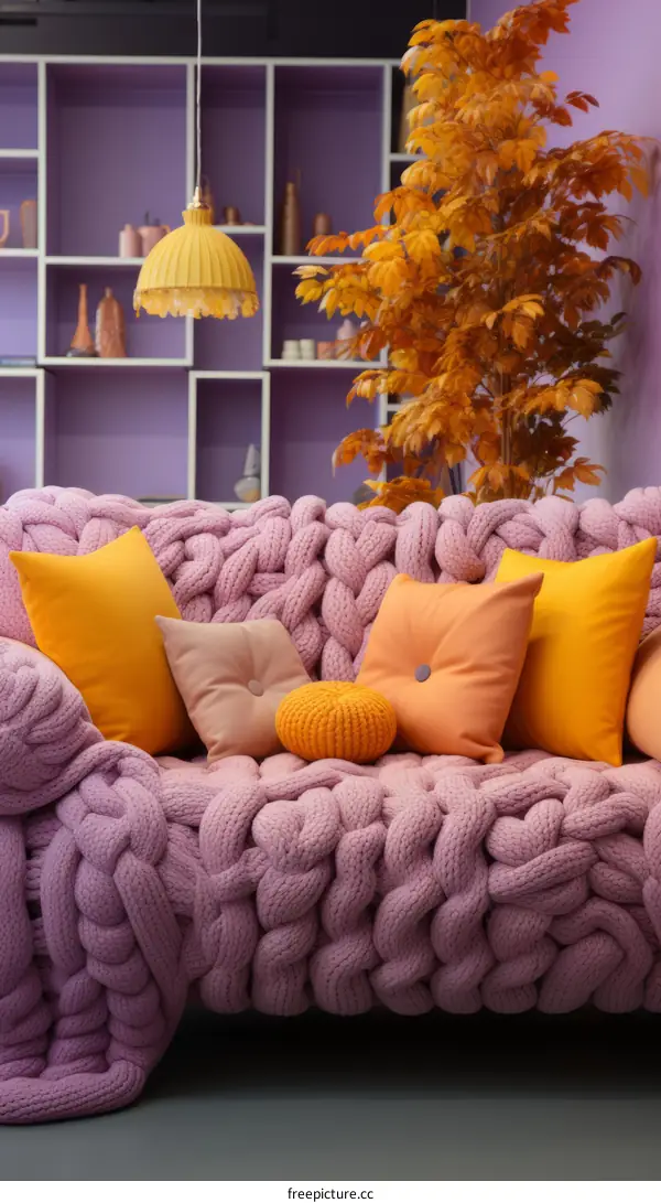 Cozy Living Room with Purple Sofa and Orange Pillows
