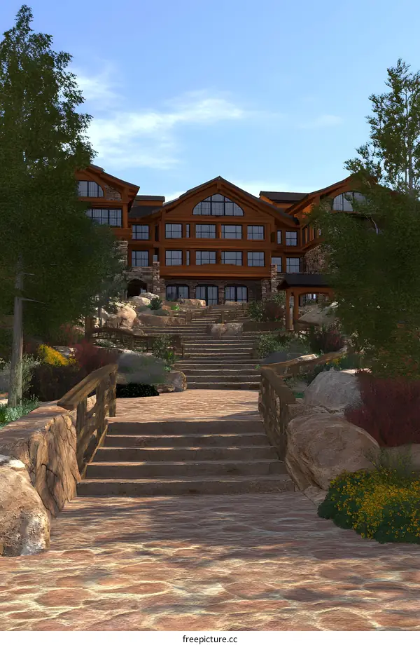 Stone Steps Leading To Wooden Lodge