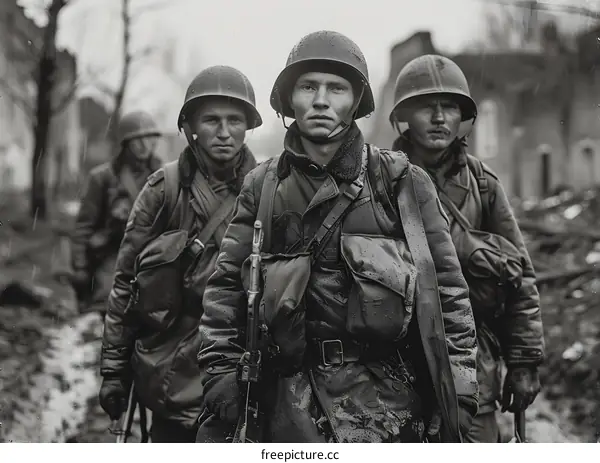 Three Soviet soldiers in Berlin, 1945