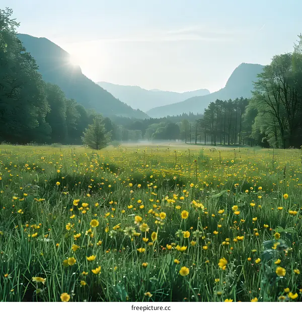 Sunrise over a field of wildflowers