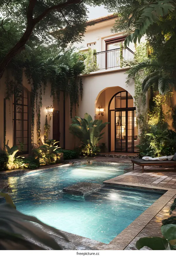 Tropical Courtyard with Pool and Lush Greenery