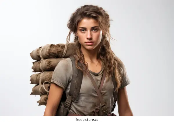 A young woman with a determined expression on her face carries a heavy pack on her back