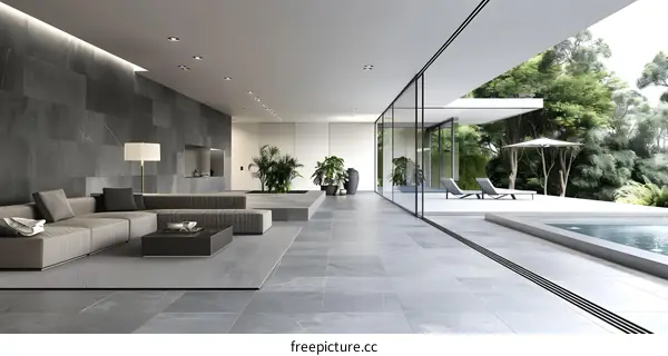 Modern Interior Design with Gray Tiles and Large Windows