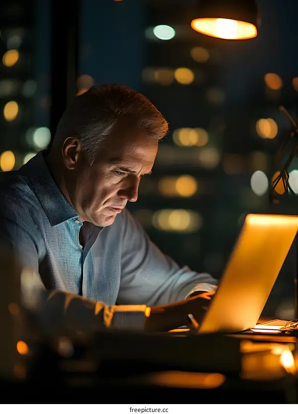 Businessman Working Late at Night on Laptop Computer