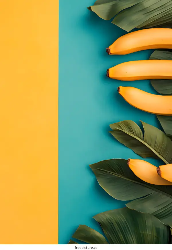 Tropical Summer Background with Green Leaves and Yellow Bananas