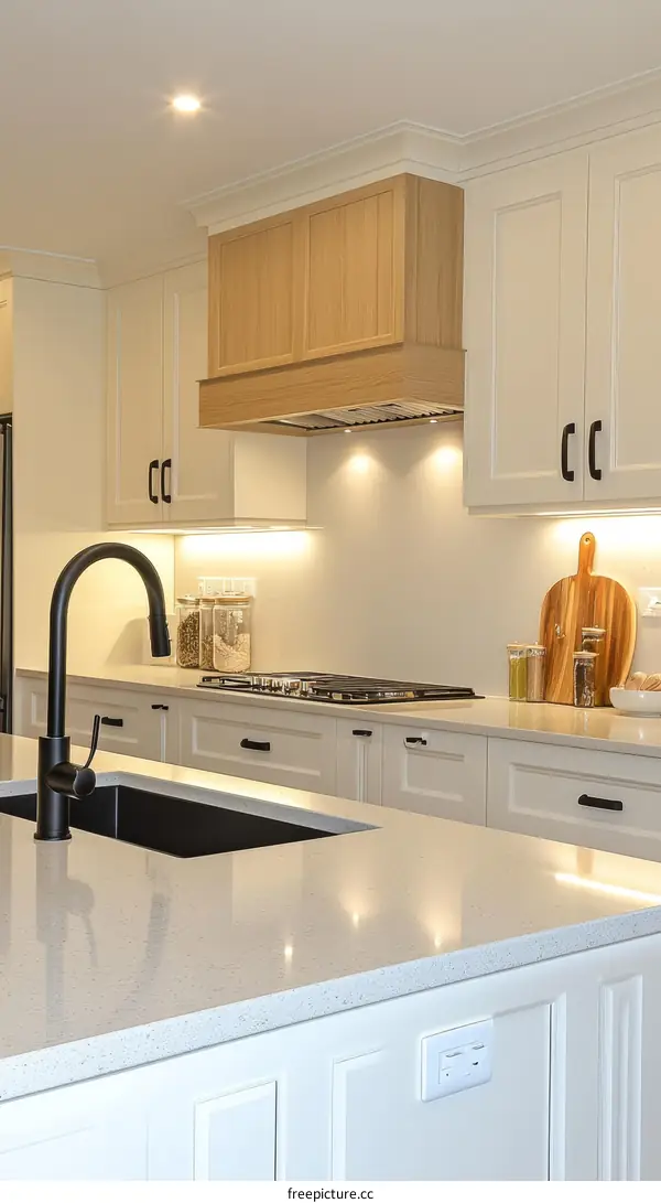 Modern White Kitchen Island with Wooden Range Hood