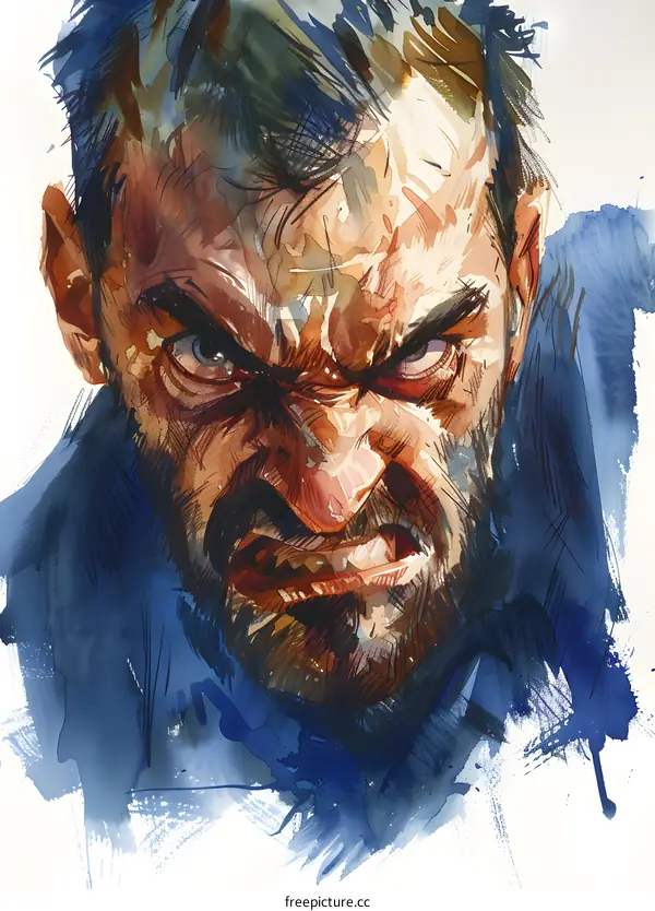 watercolor painting of a man with a beard and a scowl on his face