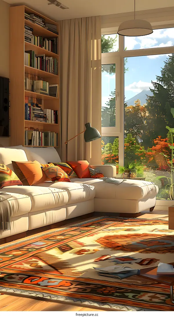 A cozy living room with a large window and a colorful rug