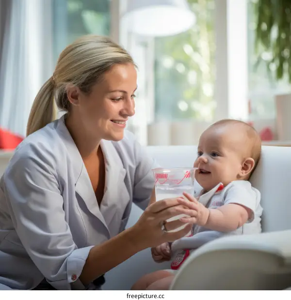 A blonde woman in a white coat is feeding a baby in a white high chair