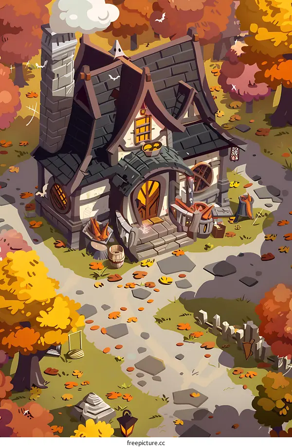 Autumn Illustration of a Stone Cottage in the Woods