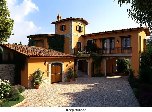 Beautiful Tuscan Villa Exterior with Courtyard and Garage