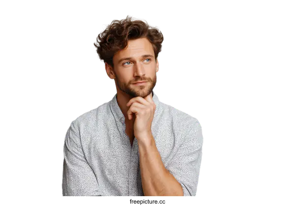 [Transparent Background PNG]A thoughtful young man with curly hair looking up in studio
