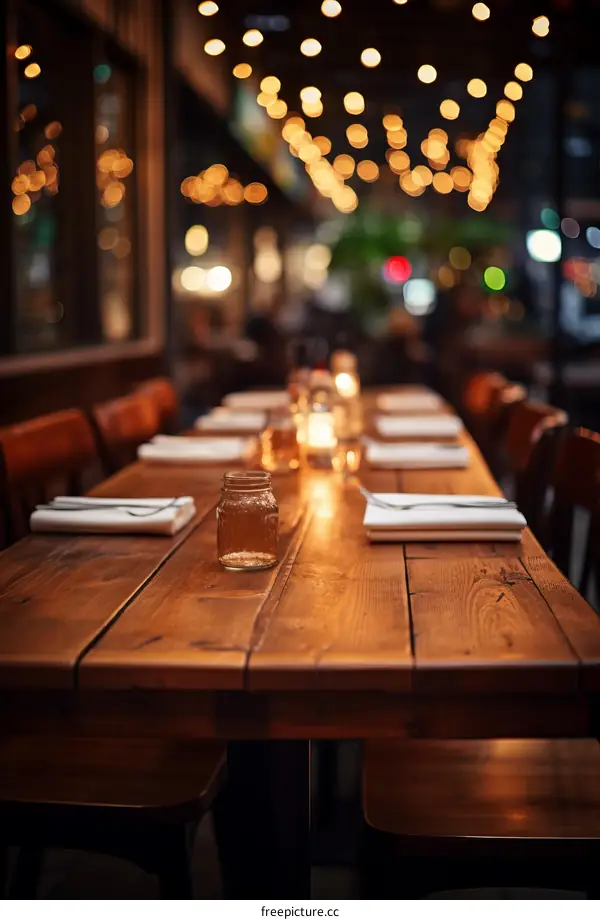 An empty restaurant with a long wooden table in the center