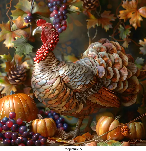 A Thanksgiving turkey surrounded by pumpkins and grapes.