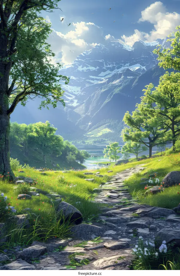 Enchanted Fantasy Landscape with Mountains, Lake, and Trees