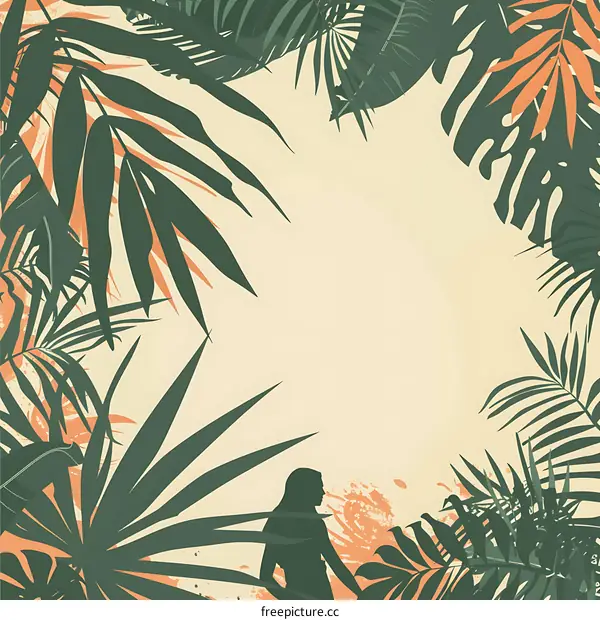 Tropical Leaves Frame Silhouette Woman