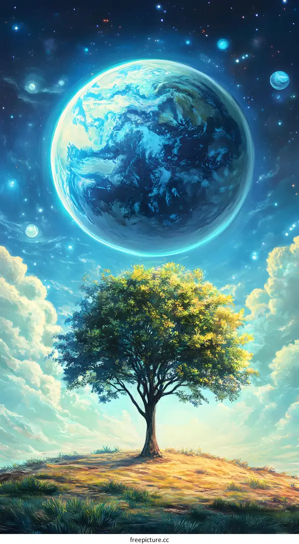 Lonely Tree on a Hill with a Big Blue Planet in the Sky