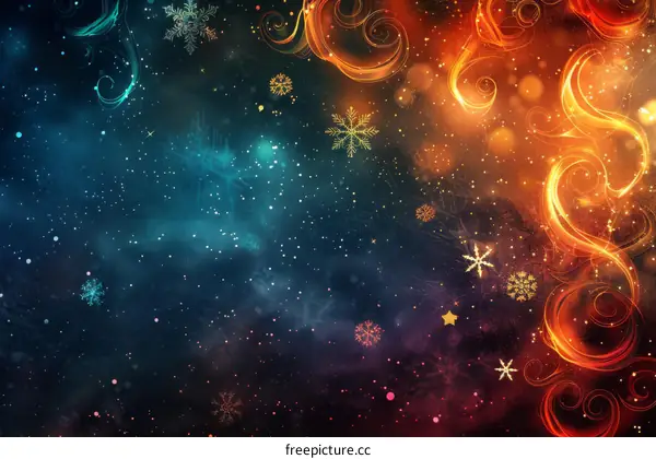 Abstract blue and orange glowing sparkles and snowflakes background