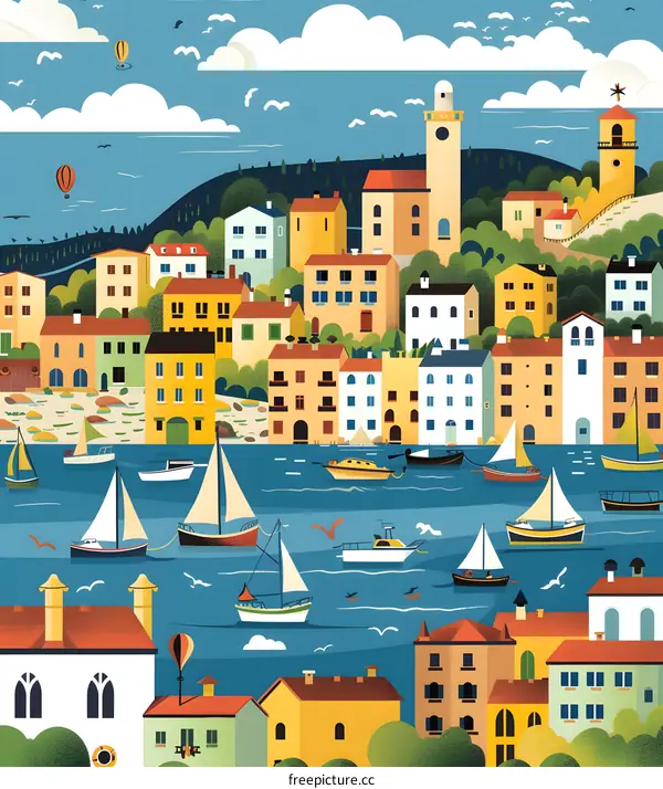 Colorful Illustration of a Town by the Sea