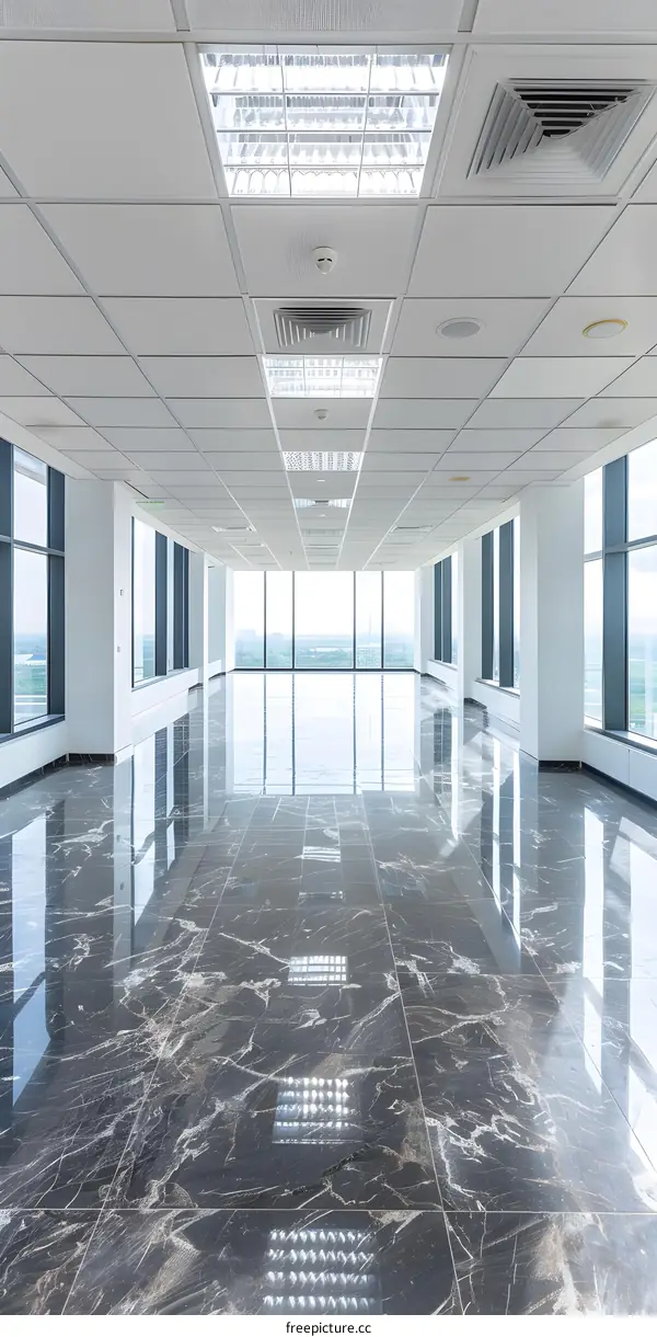 Modern Office Space with Floor to Ceiling Windows and Black Marble Flooring