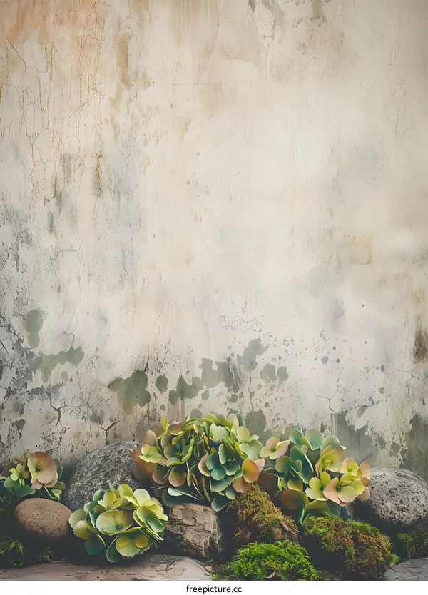 Old Concrete Wall with Green Plants and Moss