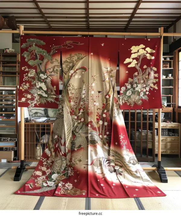 A kimono with a pattern of pine trees, plum blossoms, and cranes