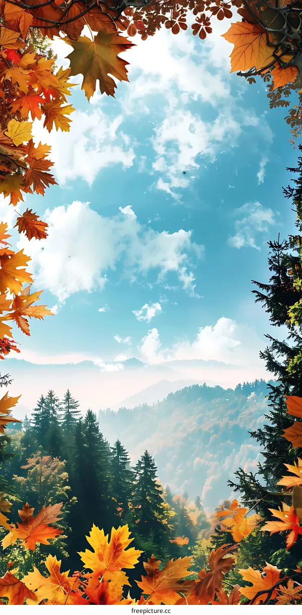 Autumn Landscape with Mountain View and Maple Leaves