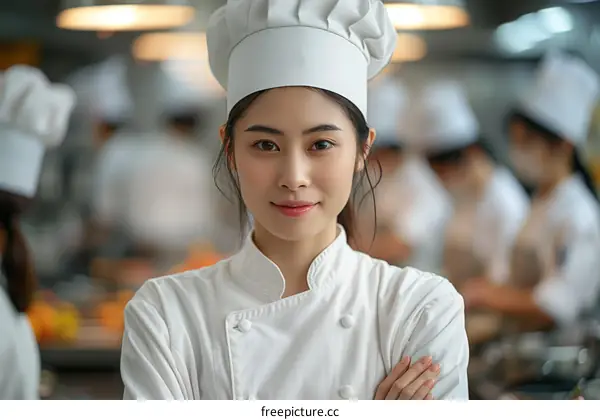 Portrait of a young Asian female chef in a white chef's uniform smiling at the camera
